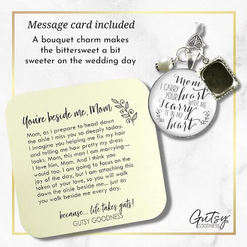 Bouquet Charm for Wedding Mom I Carry Your Heart Memorial Keepsake 1 Photo Frame Vintage Silvertone Jewelry White Glass White Bead for Bride's Flowers DIY Picture Template in Kuwait