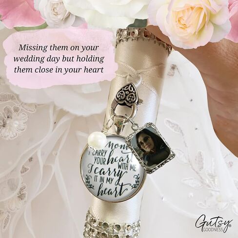 Bouquet Charm for Wedding Mom I Carry Your Heart Memorial Keepsake 1 Photo Frame Vintage Silvertone Jewelry White Glass White Bead for Bride's Flowers DIY Picture Template in Kuwait