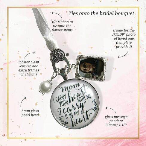 Bouquet Charm for Wedding Mom I Carry Your Heart Memorial Keepsake 1 Photo Frame Vintage Silvertone Jewelry White Glass White Bead for Bride's Flowers DIY Picture Template in Kuwait