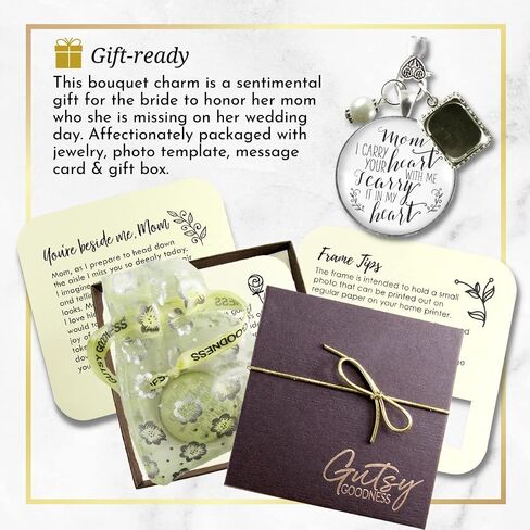 Bouquet Charm for Wedding Mom I Carry Your Heart Memorial Keepsake 1 Photo Frame Vintage Silvertone Jewelry White Glass White Bead for Bride's Flowers DIY Picture Template in Kuwait