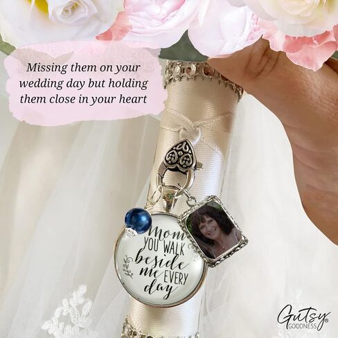 Bouquet Charm for Wedding Mom I Carry Your Heart Memorial Keepsake 1 Photo Frame Vintage Silvertone Jewelry White Glass White Bead for Bride's Flowers DIY Picture Template in Kuwait