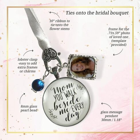 Bouquet Charm for Wedding Mom I Carry Your Heart Memorial Keepsake 1 Photo Frame Vintage Silvertone Jewelry White Glass White Bead for Bride's Flowers DIY Picture Template in Kuwait