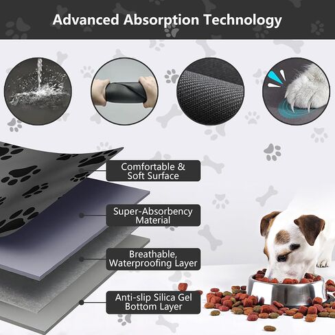 24"×36" Pet Feeding Mat, Absorbent Dog Food Mat, No Stains Cat Bowl Mat for Food and Water, Easy to Clean Pet Placemats, Quick Dry Dog Water Dispenser Mat (Paws, Black,24''x36'') in Saudi Arabia