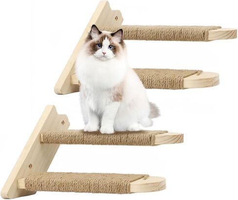 Cat Wall Steps,Large Cat Climbing Stair Shelf,Four Step Wood Cat Stairway with Jute Rope for Small Kitty Cats Perch Platform Supplies Cats Scratching Post in Kuwait