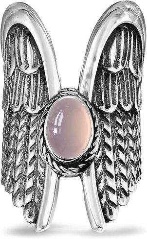 Natural Oval Stone Wide Chunky Full Finger Wing Ring,Sterling Silver Cocktail Party Punk Gothic Crystal Quartz Gemstone Statement Band Ring for Women (A01_Pink Agate, 9) in Saudi Arabia