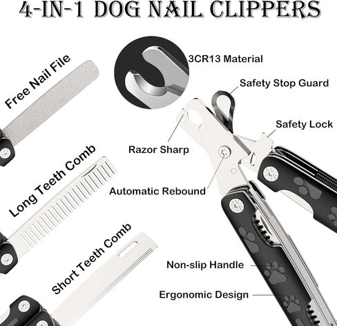 DOUBFIVSY Dog Nail Clippers, 4 in 1 Professional Heavy Duty Metal Dog Cat Nail Trimmer with Nail File Grooming Comb Dog Toenail Clipper Pet Nail Clipper for Large Medium Small Dogs Cats (Black) in Saudi Arabia