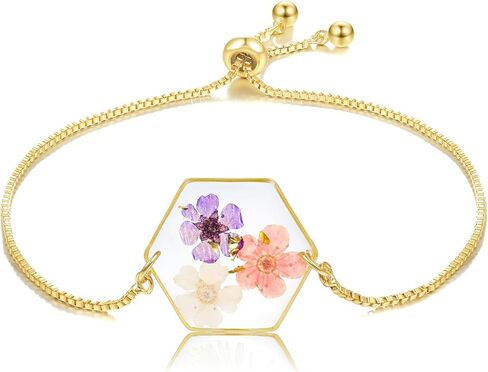 سوار زهرة مضغوطة - سوار زهرة مصنوع يدويًا - سوار مجوهرات من الراتنج، سوار ذهبي على شكل زهرة مجففة قابل للتعديل، سوار زهرة، هدية للفتيات in Kuwait