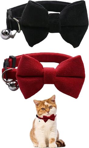 Plush Bow Tie Breakaway Cat Collar with Bells 2 Pack - Stylish Design fits Boy Cats and Girl Cats, Adjustable 7.5-12.6 inches (Black & Red) in Saudi Arabia
