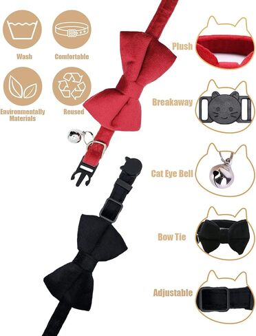 Plush Bow Tie Breakaway Cat Collar with Bells 2 Pack - Stylish Design fits Boy Cats and Girl Cats, Adjustable 7.5-12.6 inches (Black & Red) in Saudi Arabia