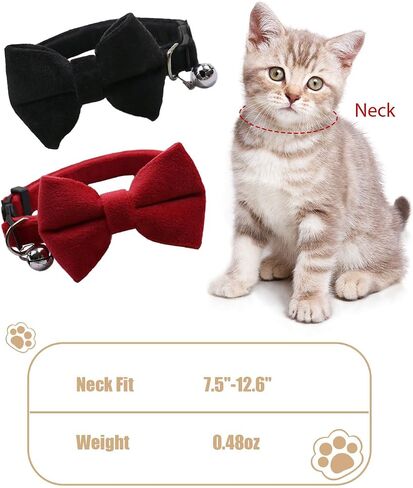 Plush Bow Tie Breakaway Cat Collar with Bells 2 Pack - Stylish Design fits Boy Cats and Girl Cats, Adjustable 7.5-12.6 inches (Black & Red) in Saudi Arabia