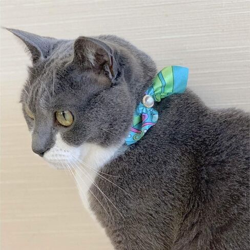 Elegant Ascot Cat Collar (Blue) with bell safety breakaway soft lightweight for cats kitty kitten Japanese stylish pattern, No.1 Seller in Japan in Saudi Arabia