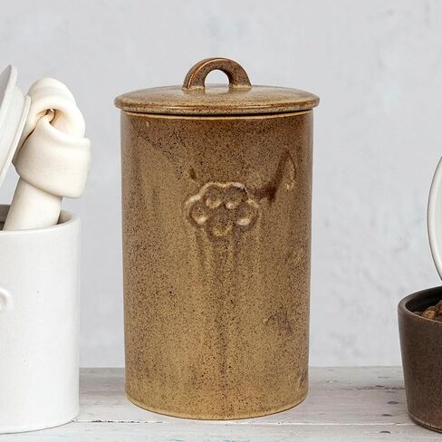 Creative Co-Op Round Debossed Stoneware Treat Canister with Paw Print, Reactive Glaze, Brown (Each One Will Vary) in Saudi Arabia