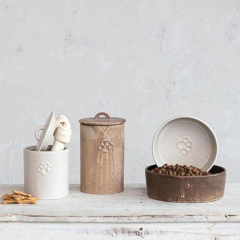 Creative Co-Op Round Debossed Stoneware Treat Canister with Paw Print, Reactive Glaze, Brown (Each One Will Vary) in Saudi Arabia