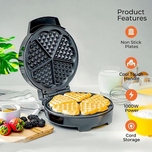 Heart Waffle Irons,Waffle Maker Non-Stick for Easy Cleanup, 5-Slice Heart Waffle Sandwich Maker, Breakfast Machine,Indicator Lights, Cool Touch Handle, 1000W Heating Fast, Silver & Black in Saudi Arabia
