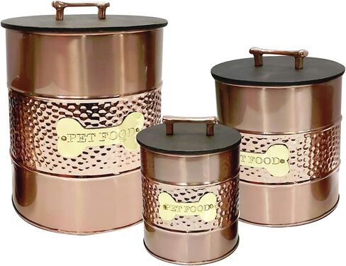 nu steel metal hammered copper 3 Pc set Jumbo Pet Canister with sturdy bone plaque, Dog Food Treat Storage Container Jar with wooden Lid with bone handle, Tight Fitting Lids for Dog Biscuit Cookies in Saudi Arabia