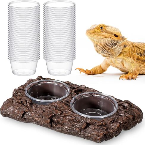 52 Pcs 3.3oz Feeding Cups with Reptile Feeder Ledge Food Dish Plastic Cups Double Bowl Reptile Food Water Feeder for Reptile Crested Gecko Lizard Chameleon Pets in Saudi Arabia