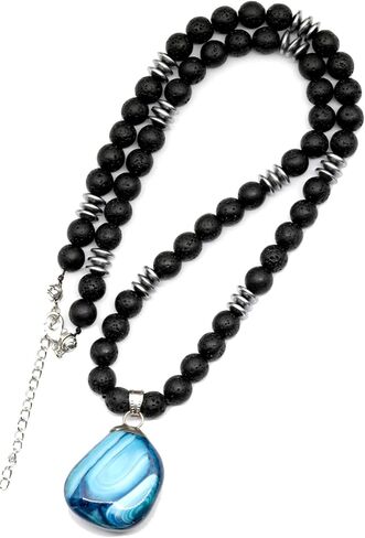 ElisaJewelryArt - Natural Blue Agate Crystal Pendant Black Lava Stone Beaded Necklace Genuine Gemstone Truth Stone Clasp Closure Necklace Unisex Necklace (22, Blue Agate) in Saudi Arabia