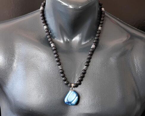 ElisaJewelryArt - Natural Blue Agate Crystal Pendant Black Lava Stone Beaded Necklace Genuine Gemstone Truth Stone Clasp Closure Necklace Unisex Necklace (22, Blue Agate) in Saudi Arabia