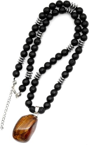 ElisaJewelryArt - Natural Blue Agate Crystal Pendant Black Lava Stone Beaded Necklace Genuine Gemstone Truth Stone Clasp Closure Necklace Unisex Necklace (22, Blue Agate) in Saudi Arabia
