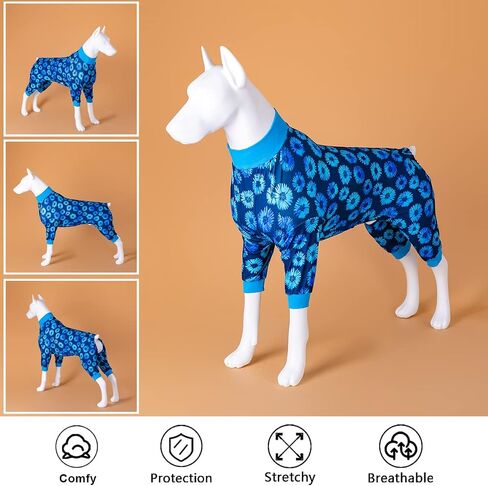 LovinPet قمصان طويلة الأكمام للكلاب، بيجامة للكلاب للحماية بعد العمليات الجراحية، بذلة للكلاب كملابس أساسية تحت سترات للكلاب، قمصان مطاطية بتلات نيلي منقط للكلاب الكبيرة L in Saudi Arabia