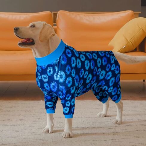 LovinPet قمصان طويلة الأكمام للكلاب، بيجامة للكلاب للحماية بعد العمليات الجراحية، بذلة للكلاب كملابس أساسية تحت سترات للكلاب، قمصان مطاطية بتلات نيلي منقط للكلاب الكبيرة L in Saudi Arabia