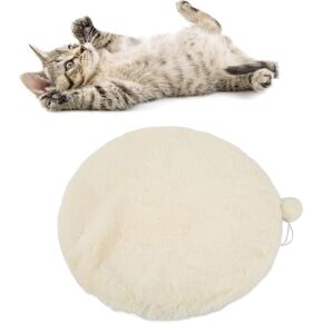 Pet Self Warming Round Bed, Round Pet Sleeping Mat, Plush Pet Bed Mat Keep Warm Breathable, with Small Ball, Machine Washable, Waterproof Base, Anti-Slip(S-White)
