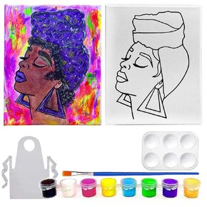 Indigo Art Studio Pre Drawn Canvas Paint Kit for Adults Kids | Stenciled | Art Activity | Afro Queen Retro | DIY Birthday Gift & Sip and Paint With Twist Party Favor Queen #6 (8x10 Inches)