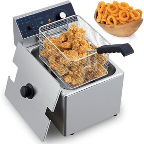 Electric Deep Fryer Stainless Steel with Basket, 8L/8.45QT Countertop Fryers, 1600W Single Tank Electric Fryer for Kitchen, Restaurant and Commercial Use, Temperature Adjustable 140-392℉