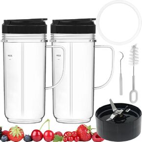 Magic Bullet Blender Cups, 8-piece Tall 22oz Cup with Flip-Top To-Go Lids & 4 Fins Cross Blade with Gasket Handle Replacement Part Compatible with Magic Bullet Blender 250W MB1001