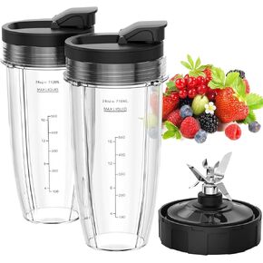 Blender Replacement Parts for Ninja, 24oz Ninja Blender Cups with To-Go Lids, 7 Fins Extractor Blade, Blender Blade Compatible with Nutri Ninja Auto iQ Blenders BL2012 BN801 BL480-30 BL640-30