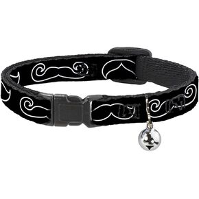 Cat Collar Breakaway Mustache Outlines Black White 8 to 12 Inches 0.5 Inch Wide