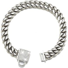 Top Dog Collar White Silver Tone Stainless Steel 14mm Big Dog Luxury Training Collar Cuban Link with Zirconia Lock Necklace Chain Choker for Dog (24 inch(for 21.1"~23" Neck))