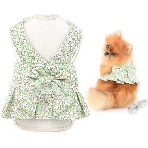 SMALLLEE_LUCKY_STORE Dog Floral Harness Dress with Leash Set,Puppy Bow Princess Dress for Small Medium Dog Cat Girls Adjustable Puppy Skirt with D-Ring Female Dog Clothes Summer Pet Apparel,Green,M