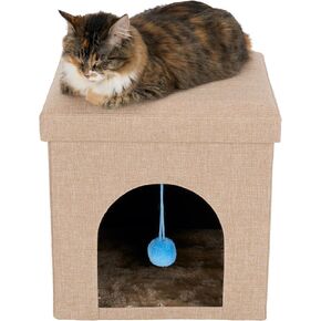 Furhaven Pet House for Indoor Cats & Small Dogs, Collapsible & Foldable w/Plush Ball Toy - Living Room Footstool Cat Condo - Sand, Small