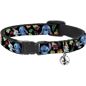 Disney Cat Collar, Breakaway Collar with Bell, Stitch Scrump Poses Tropical Flora, 8.5 to 12 Inches 0.5 Inch Wide