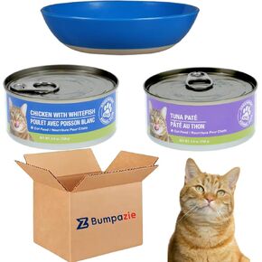 Wet Cat Food Cat Food Bowl Set by Greenbrier Kennel Club, Bowl has Non-Slip Base (Color May Vary), Pet Bowl Set Comes with Wet Cat Food Pate 5.5 oz cans of Tuna Paté/Chicken with White Fish