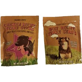Trader Joe's Puppy and Dog Jerky Stick Treats with Natural Ingredients Bundle - 1 Bag Beef Recipe & 1 Bag Real Chicken Flavor Recipe (6 Oz. Per Bag)