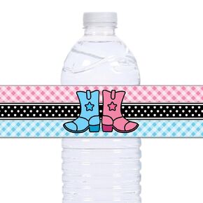 21 Cowboy Cowgirl Boots Water Bottle Labels, Waterproof, Self-Adhesive - Pink and Blue