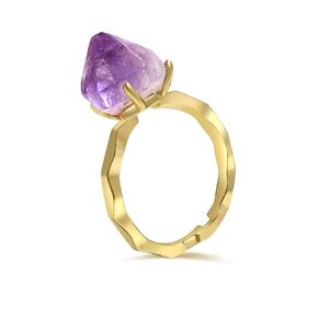 Amethyst Ring, Adjustable Gold Purple Rings for Women, Raw Amethyst Crystal Prong Setting February Birthstone Ring