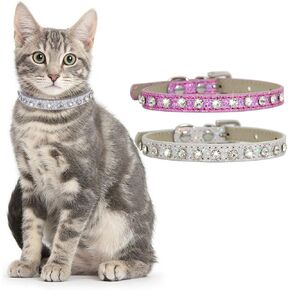 Urieo Rhinestone Cat Collars Silver PU Leather Kitten Collar Bling Classy Pet Collars Adjustable for Puppy Rabbits and Small Dogs (Pack of 2)