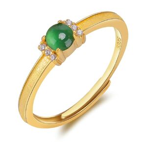 Handmade Natural Green Jade Rings For Women Genuine Adjustable Size Jade Ring with Diamonds 925 Sterling Silver Plated 24K Gold Jewelry For Women