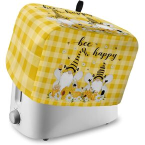 Toaster Cover 2 Slice, Bee Honey Gnomes Daisy Flower on Yellow White Buffalo Plaid Bread Maker Cover Toaster Dust Cover with Pockets, Dust-Proof Cover for Kitchen Small Appliance 12x7.5x8in