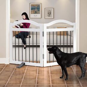 Freestanding Foldable Pet Gate Indoor, Dog Gate for Doorways, Dog Fence for The House, Sturdy Wood Puppy Gate for Stairs, White Dog Gates with Support Feet for Hallways, 24 "Height-2 Panels