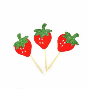 Red Glitter Strawberry Cupcake Toppers Fruits Theme Party,Strawberry Party Decor Summer Cupcake Toppers Pack of 12