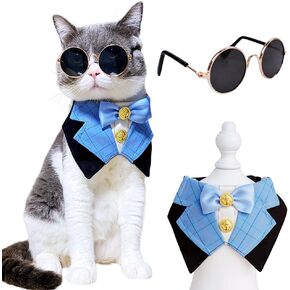 Dog Tuxedo Formal Cat Wedding Bandana Dog Collar with Bow Tie Cat Birthday Costume Dog Wedding Attire Dog Valentines Outfit Pet Gentlemen Sunglasses (blue)