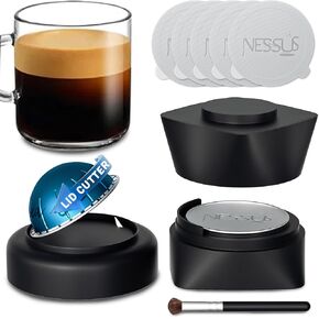 NESSUS Refill Kit for Reusable Nespresso Vertuo Pods, Lid Quick Opener for Original Seal, 50PCS Aluminum Foil Lids, Tamp & Press Refillable Vertuo Capsules Holder and Brush