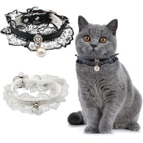 Cat Lace Wedding Collar, 2 PCS Adjustable Cat Collar with Lace and Pearl Pendant PU Leather Cat Wedding Collar for Cats Puppy Kitten, White and Black