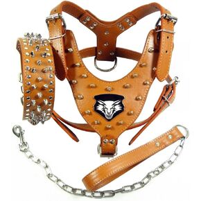 Punk Wolf Spiked Studded Leather Dog Pet Harness Collar and Leash Set for Large Dogs Pitbull Boxer Bully (Brown,XL)