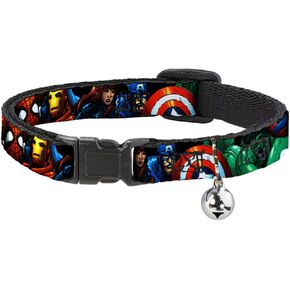 Marvel Comics Cat Collar, Breakaway Collar with Bell, Marvel Universe Superheroes Stacked, 8.5 to 12 Inches 0.5 Inch Wide