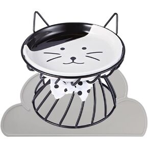 Raised Cat Food Bowls Ceramic Cat Bowl with Metal Stand Elevated Cat Feeding Bowl Cat Dish with Non-Slip Mat Pet Food Bowl for Cats and Small Dogs